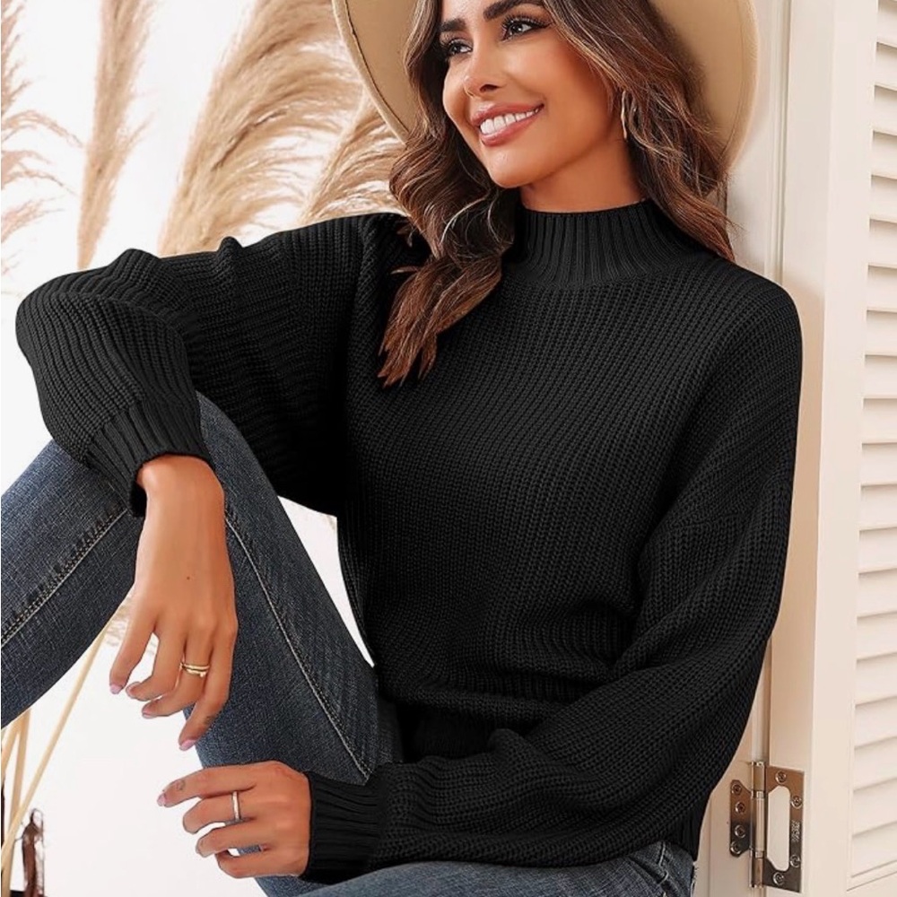 ZAFUL - Women's Cropped Turtleneck Sweater, Lantern Sleeve, Ribbed Knit, Size M